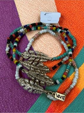 💛♥️💙💚VIVI LOVE💛♥️💙💚4-PC Multicolor Boho Beaded Feather Charm Bracelet Set/NIP